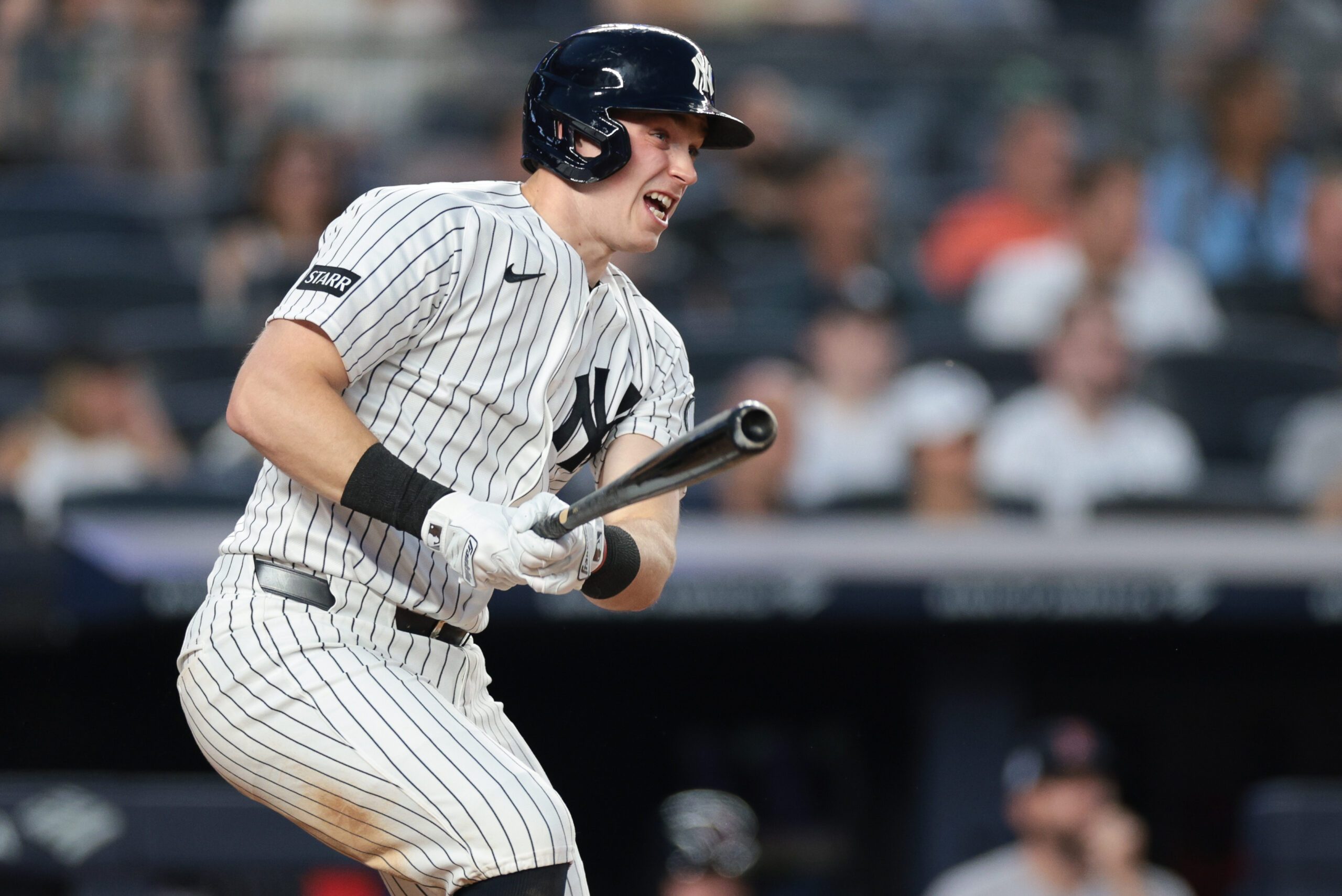Jun 5, 2026; Bronx, New York, USA; New York Yankees first baseman Ben Rice (22) singles during the fifth inning against the Boston Red Sox at Yankee Stadium. Mandatory Credit: Vincent Carchietta-Imagn Images