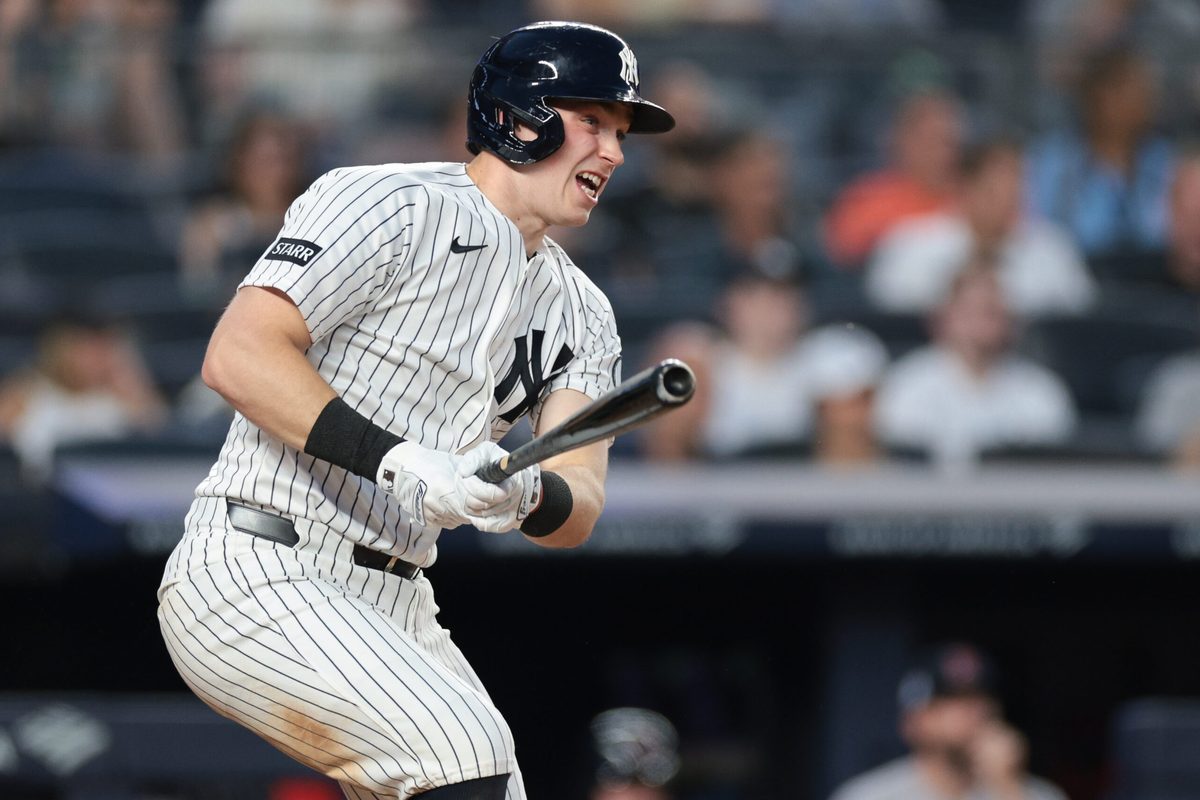 Jun 5, 2026; Bronx, New York, USA; New York Yankees first baseman Ben Rice (22) singles during the fifth inning against the Boston Red Sox at Yankee Stadium. Mandatory Credit: Vincent Carchietta-Imagn Images