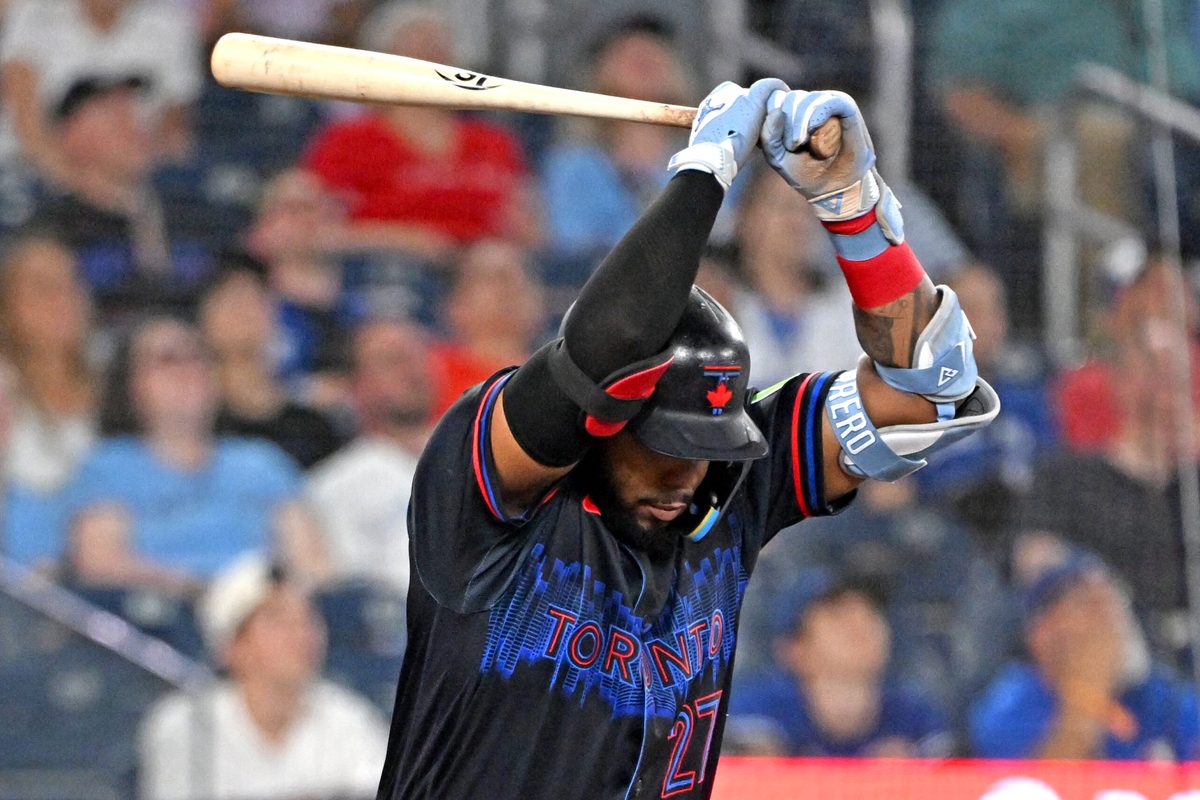 Jun 5, 2026; Toronto, Ontario, CAN;  Toronto Blue Jays first baseman Vladimir Guerrero Jr. (27) reacts after popping out against the Baltimore Orioles in the eighth inning at Rogers Centre. Mandatory Credit: Dan Hamilton-Imagn Images