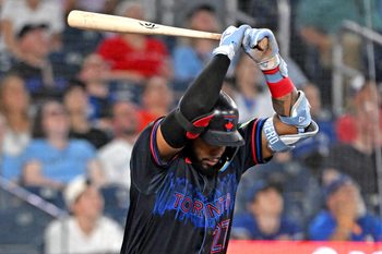 Jun 5, 2026; Toronto, Ontario, CAN;  Toronto Blue Jays first baseman Vladimir Guerrero Jr. (27) reacts after popping out against the Baltimore Orioles in the eighth inning at Rogers Centre. Mandatory Credit: Dan Hamilton-Imagn Images