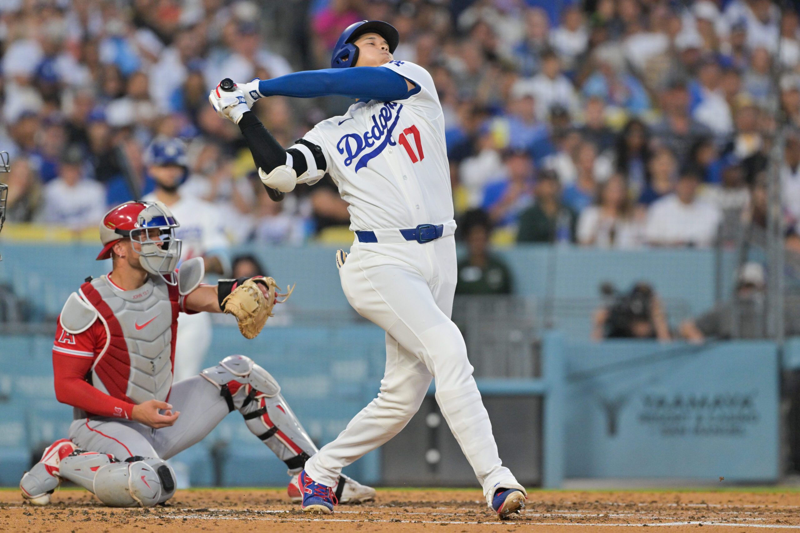Jun 5, 2026; Los Angeles, California, USA; Los Angeles Dodgers two-way player Shohei Ohtani (17) strikes out during the third inning against the Los Angeles Angels at Dodger Stadium. Mandatory Credit: Jayne Kamin-Oncea-Imagn Images
