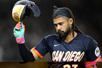 Jun 5, 2026; San Diego, California, USA; San Diego Padres right fielder Fernando Tatis Jr. (23) throws his helmet after lining out during the eighth inning against the New York Mets at Petco Park. Mandatory Credit: Denis Poroy-Imagn Images