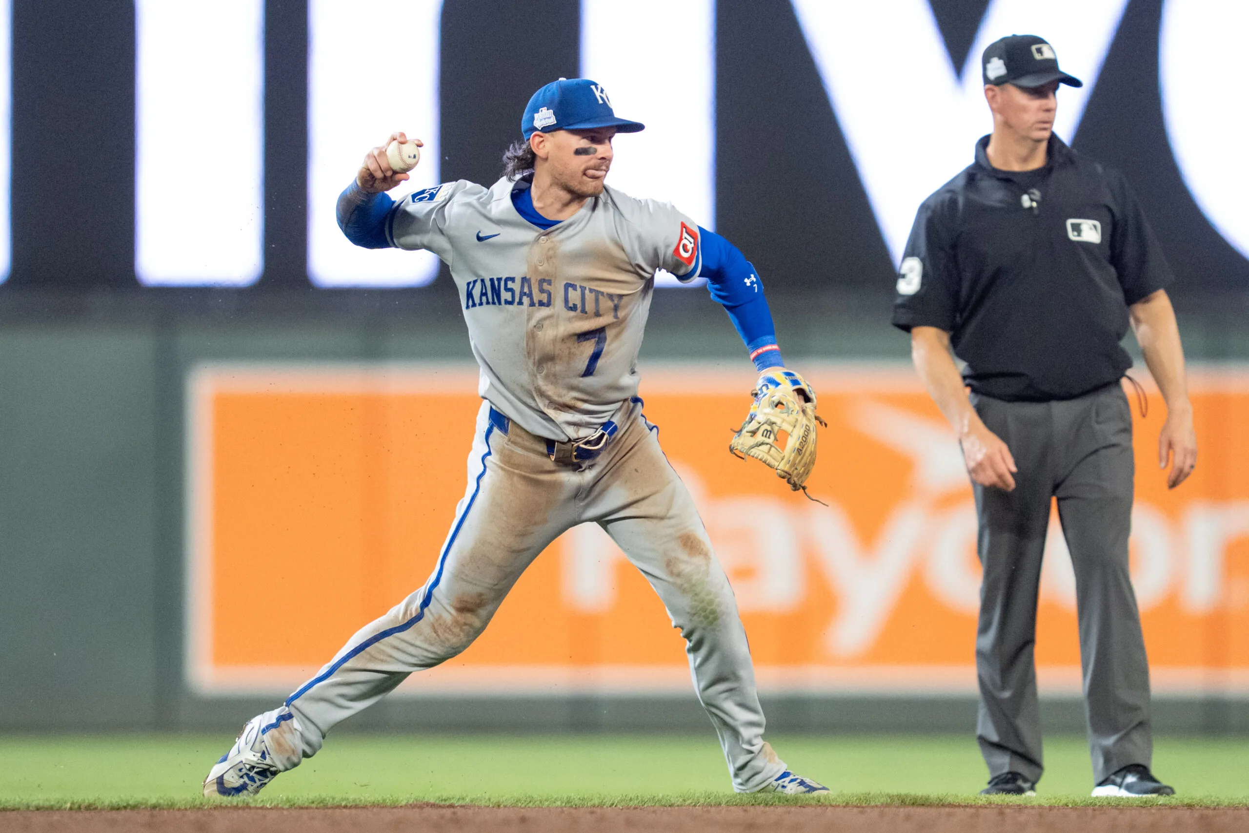 Jun 5, 2026; Minneapolis, Minnesota, USA; Kansas City Royals shortstop Bobby Witt Jr. (7) throws out Minnesota Twins right fielder Austin Martin (16) in the sixth inning at Target Field. Mandatory Credit: Matt Blewett-Imagn Images
