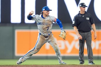 Jun 5, 2026; Minneapolis, Minnesota, USA; Kansas City Royals shortstop Bobby Witt Jr. (7) throws out Minnesota Twins right fielder Austin Martin (16) in the sixth inning at Target Field. Mandatory Credit: Matt Blewett-Imagn Images