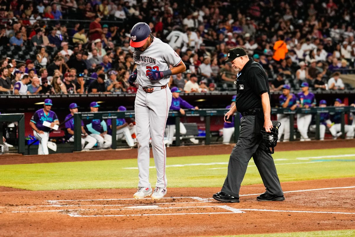 Jun 5, 2026; Phoenix, Arizona, USA; Washington Nationals right fielder James Wood (29) on his solo home run during the third inning at Chase Field. Mandatory Credit: Arianna Grainey-Imagn Images