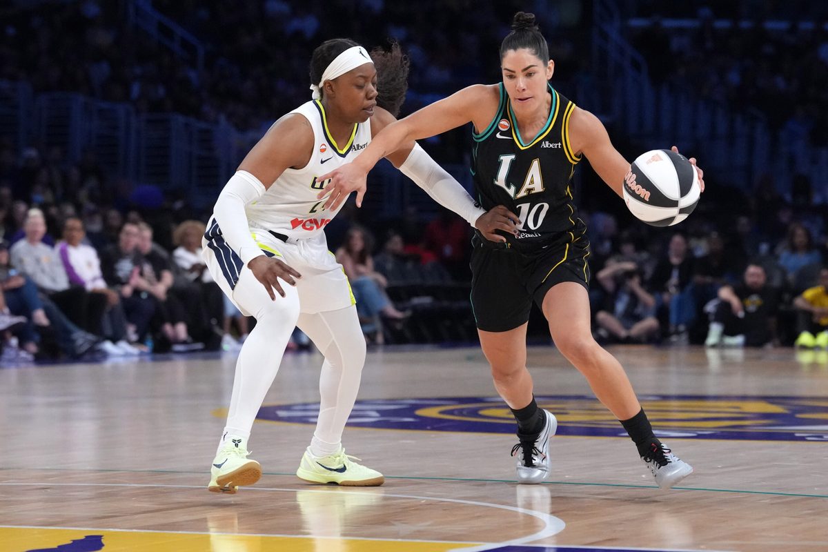 Jun 5, 2026; Los Angeles, CA, USA; LA Sparks guard Kelsey Plum (10) dribbles the ball against Dallas Wings guard Arike Ogunbowale (24) in the first half at Crypto.com Arena.  Mandatory Credit: Kirby Lee-Imagn Images