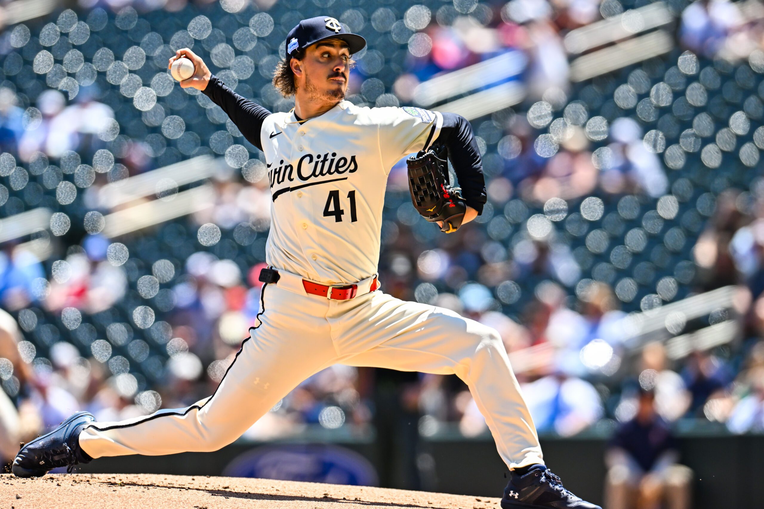 Jun 6, 2026; Minneapolis, Minnesota, USA; Minnesota Twins pitcher Joe Ryan (41) throws a pitch against the Kansas City Royals during the first inning at Target Field. Mandatory Credit: Jeffrey Becker-Imagn Images