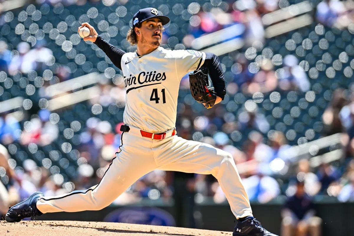 Jun 6, 2026; Minneapolis, Minnesota, USA; Minnesota Twins pitcher Joe Ryan (41) throws a pitch against the Kansas City Royals during the first inning at Target Field. Mandatory Credit: Jeffrey Becker-Imagn Images