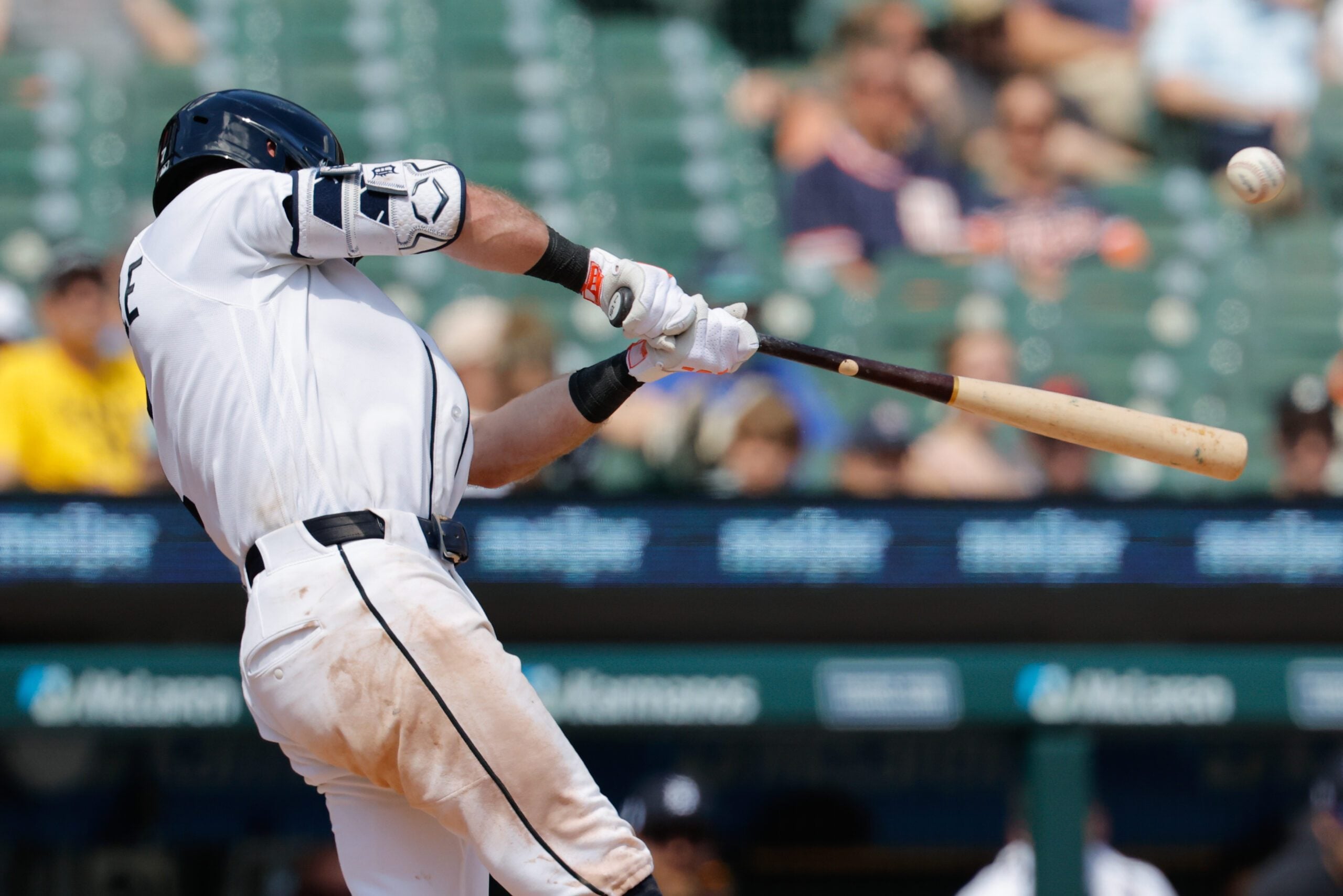 Jun 6, 2026; Detroit, Michigan, USA;  Detroit Tigers shortstop Kevin McGonigle (7) hits a double in the ninth inning against the Seattle Mariners at Comerica Park. Mandatory Credit: Rick Osentoski-Imagn Images