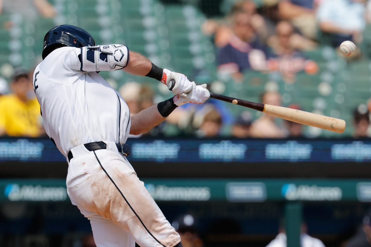 Jun 6, 2026; Detroit, Michigan, USA;  Detroit Tigers shortstop Kevin McGonigle (7) hits a double in the ninth inning against the Seattle Mariners at Comerica Park. Mandatory Credit: Rick Osentoski-Imagn Images