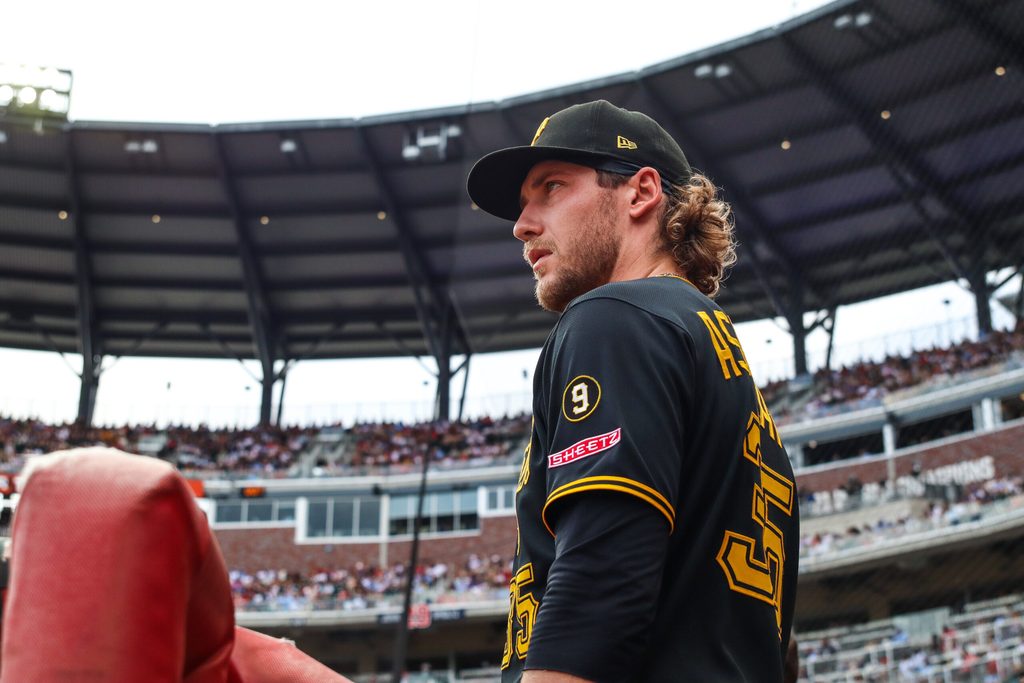 Jun 6, 2026; Cumberland, Georgia, USA; Pittsburgh Pirates pitcher Braxton Ashcraft (35) in the dugout during the game against the Atlanta Braves during the second inning at Truist Park. Mandatory Credit: Jordan Godfree-Imagn Images