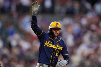 Jun 6, 2026; Denver, Colorado, USA;  Milwaukee Brewers second baseman Brice Turang (2) celebrates his solo home run in the first inning against the Colorado Rockies at Coors Field. Mandatory Credit: Ron Chenoy-Imagn Images