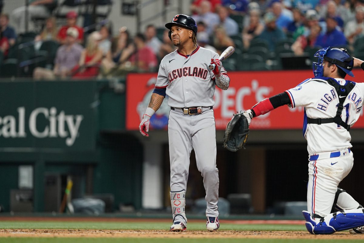 Jun 6, 2026; Arlington, Texas, USA; Cleveland Guardians third baseman Jose Ramirez (11) reacts to a strike from the Texas Rangers at Globe Life Field. Mandatory Credit: Dustin Safranek-Imagn Images