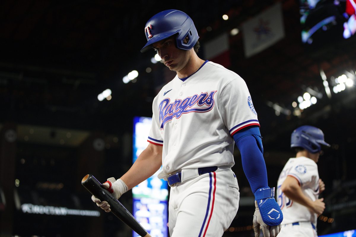 Jun 6, 2026; Arlington, Texas, USA; Texas Rangers first baseman goes to bat against the Cleveland Guardians at Globe Life Field. Mandatory Credit: Dustin Safranek-Imagn Images