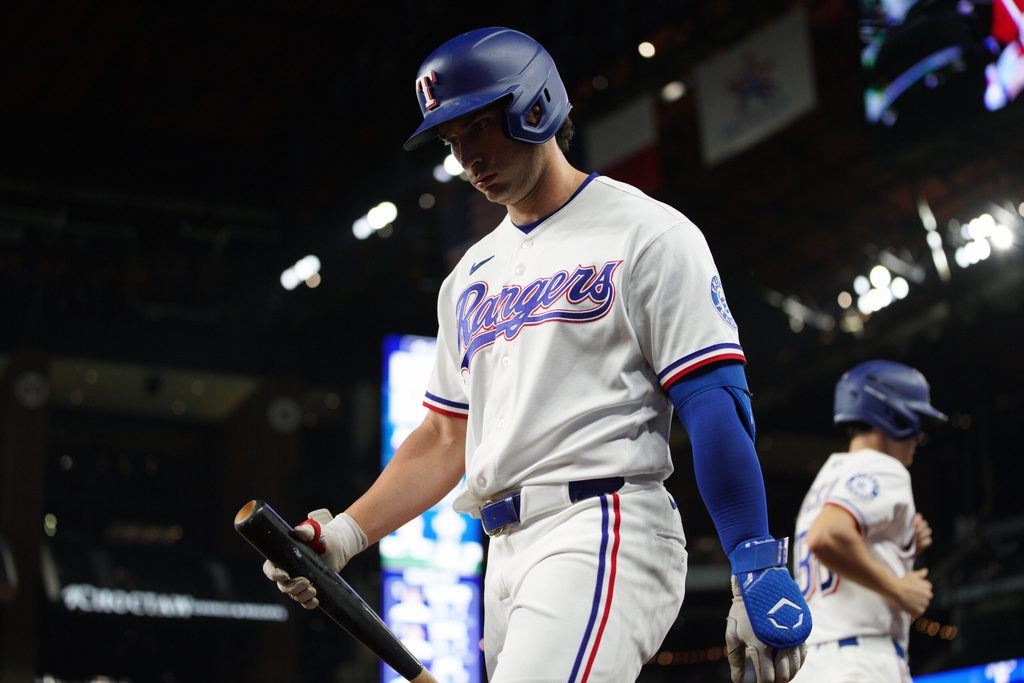 Jun 6, 2026; Arlington, Texas, USA; Texas Rangers first baseman goes to bat against the Cleveland Guardians at Globe Life Field. Mandatory Credit: Dustin Safranek-Imagn Images