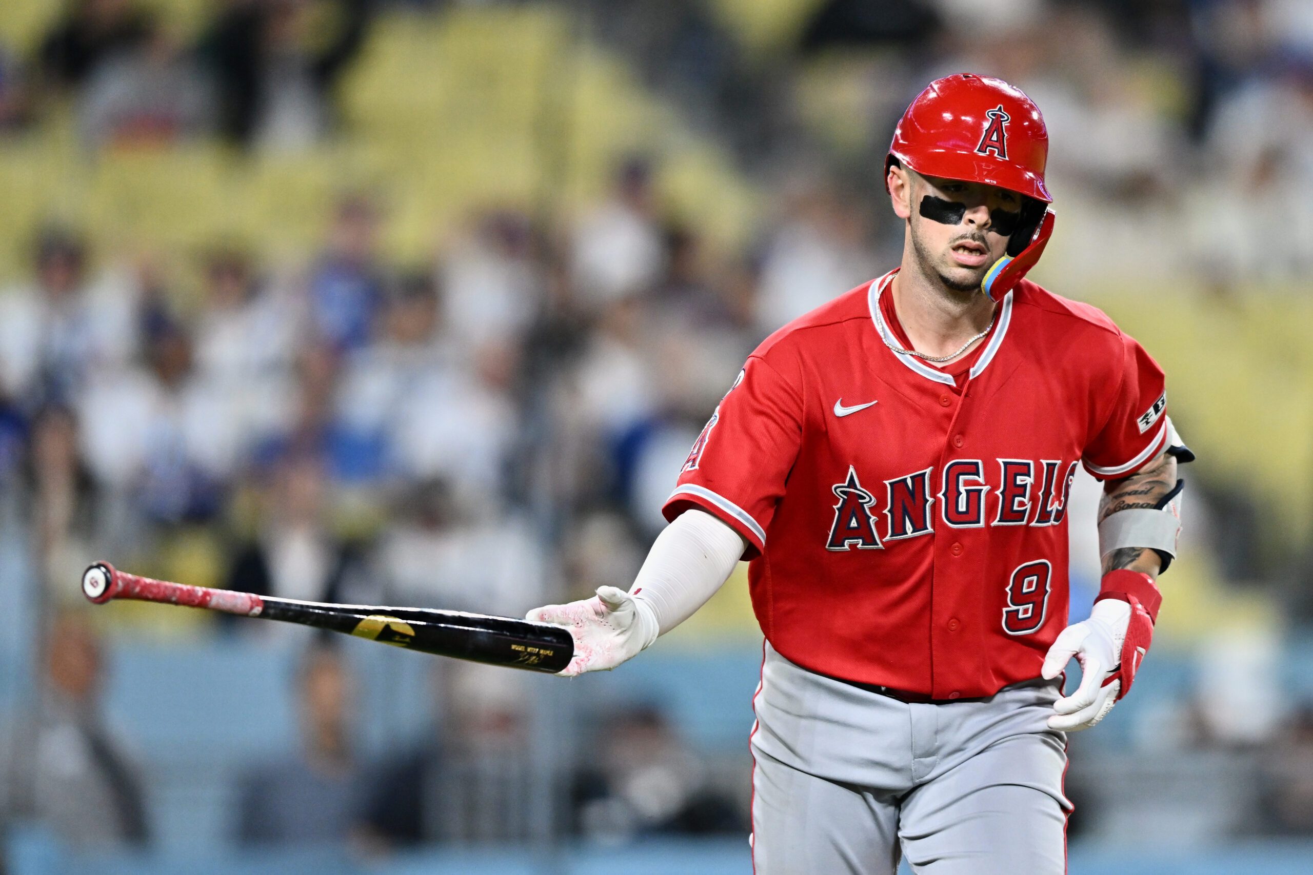 Jun 6, 2026; Los Angeles, California, USA; Los Angeles Angels infielder Zach Neto (9) drops his bat after hitting a solo home run against Los Angeles Dodgers pitcher Jack Dreyer (not pictured) during the ninth inning at Dodger Stadium. Mandatory Credit: William Liang-Imagn Images