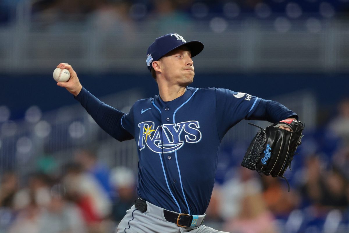 Jun 7, 2026; Miami, Florida, USA; Tampa Bay Rays starting pitcher Griffin Jax (22) delivers a pitch against the Miami Marlins during the first inning at loanDepot Park. Mandatory Credit: Sam Navarro-Imagn Images
