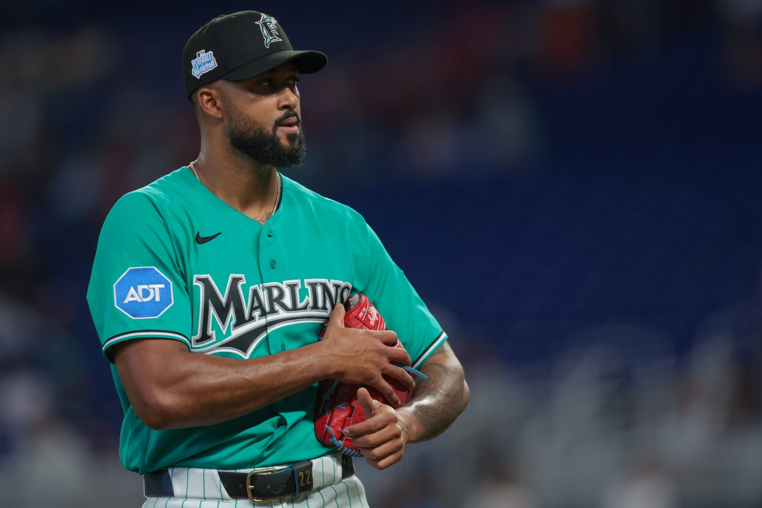 Jun 7, 2026; Miami, Florida, USA; Miami Marlins starting pitcher Sandy Alcantara (22) looks on against the Tampa Bay Rays during the first inning at loanDepot Park. Mandatory Credit: Sam Navarro-Imagn Images