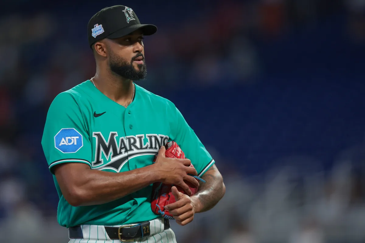 Jun 7, 2026; Miami, Florida, USA; Miami Marlins starting pitcher Sandy Alcantara (22) looks on against the Tampa Bay Rays during the first inning at loanDepot Park. Mandatory Credit: Sam Navarro-Imagn Images