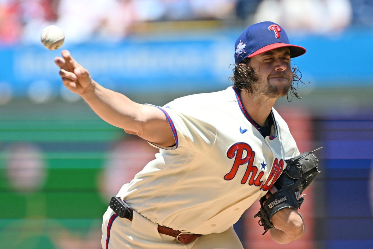 Jun 7, 2026; Philadelphia, Pennsylvania, USA; Philadelphia Phillies pitcher Aaron Nola (27) throws a pitch against the Chicago White Sox during the first inning at Citizens Bank Park. Mandatory Credit: Eric Hartline-Imagn Images