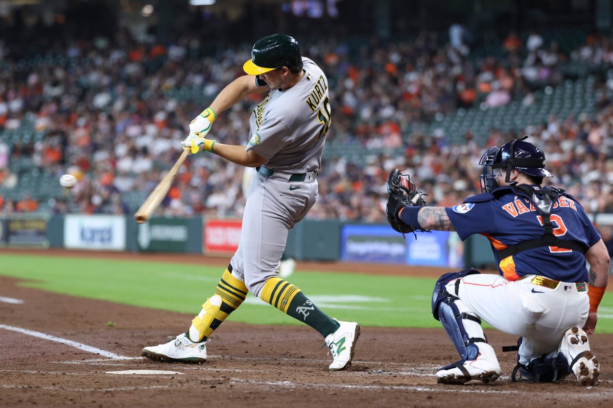 Jun 7, 2026; Houston, Texas, USA; Athletics first baseman Nick Kurtz (16). hits a home run during the third inning against the Houston Astros at Daikin Park. Mandatory Credit: Troy Taormina-Imagn Images