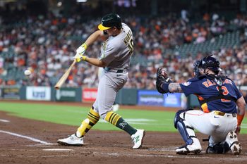 Jun 7, 2026; Houston, Texas, USA; Athletics first baseman Nick Kurtz (16). hits a home run during the third inning against the Houston Astros at Daikin Park. Mandatory Credit: Troy Taormina-Imagn Images