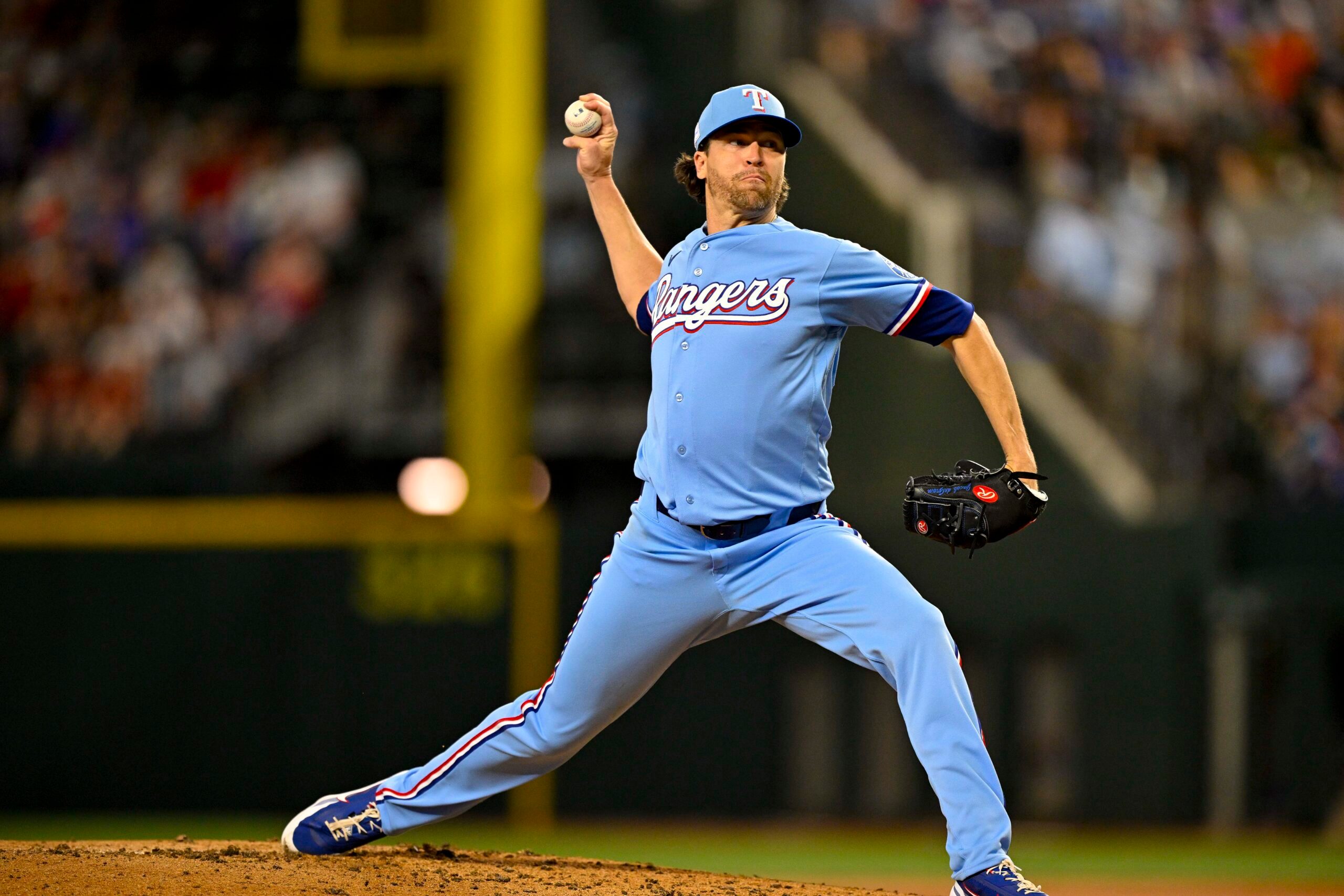 Jun 7, 2026; Arlington, Texas, USA; Texas Rangers starting pitcher Jacob Degrom (48) pitches against the Cleveland Guardians during the third inning at Globe Life Field. Mandatory Credit: Jerome Miron-Imagn Images