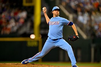 Jun 7, 2026; Arlington, Texas, USA; Texas Rangers starting pitcher Jacob Degrom (48) pitches against the Cleveland Guardians during the third inning at Globe Life Field. Mandatory Credit: Jerome Miron-Imagn Images