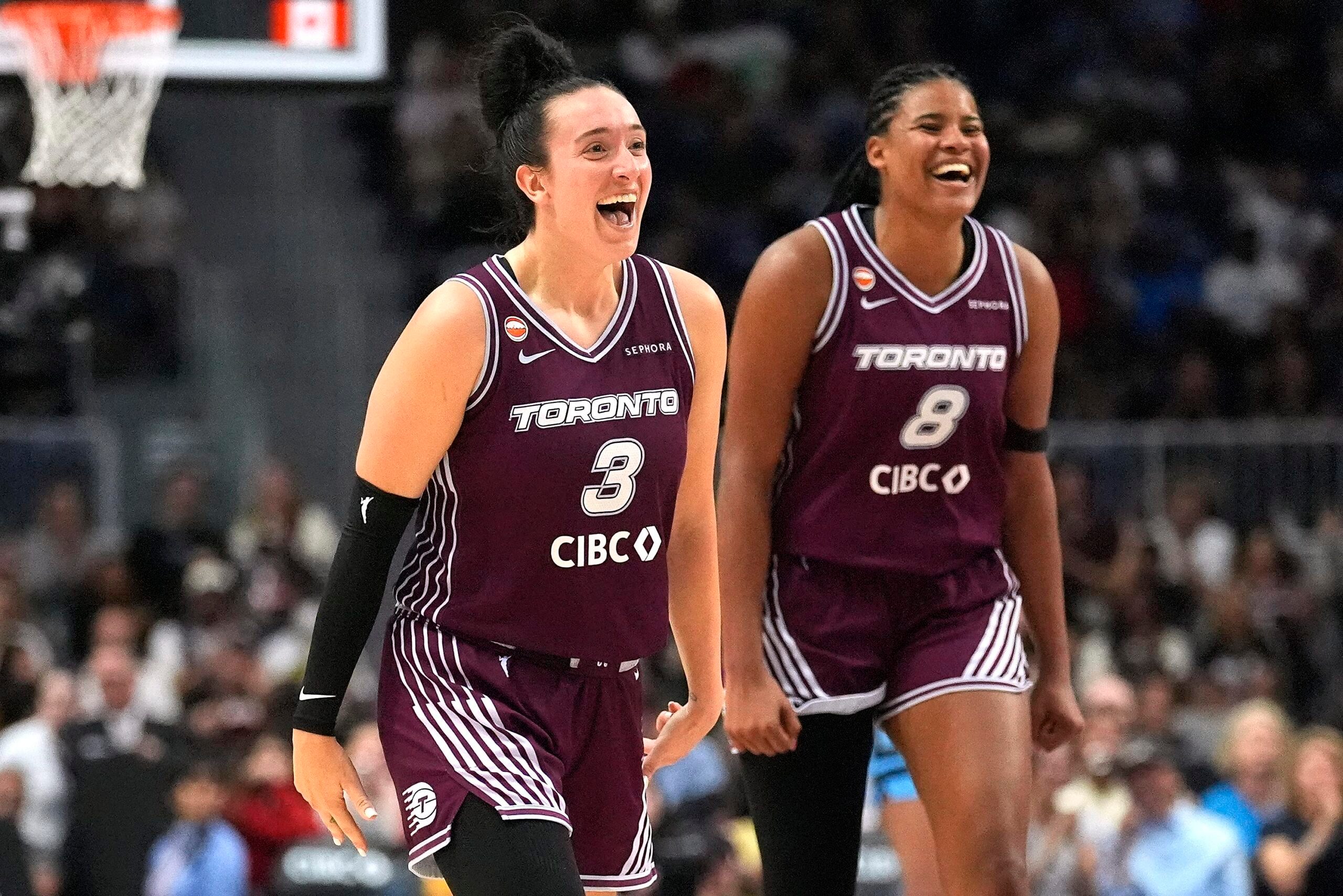 Jun 7, 2026; Toronto, Ontario, CAN; Toronto Tempo guard Marina Mabrey (3) and center Nyara Sabally (8) react after a three point basket by Toronto Tempo forward Isabelle Harrison (not pictured) against Chicago Sky during the second half at Coca-Cola Coliseum. Mandatory Credit: John E. Sokolowski-Imagn Images