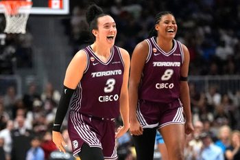 Jun 7, 2026; Toronto, Ontario, CAN; Toronto Tempo guard Marina Mabrey (3) and center Nyara Sabally (8) react after a three point basket by Toronto Tempo forward Isabelle Harrison (not pictured) against Chicago Sky during the second half at Coca-Cola Coliseum. Mandatory Credit: John E. Sokolowski-Imagn Images