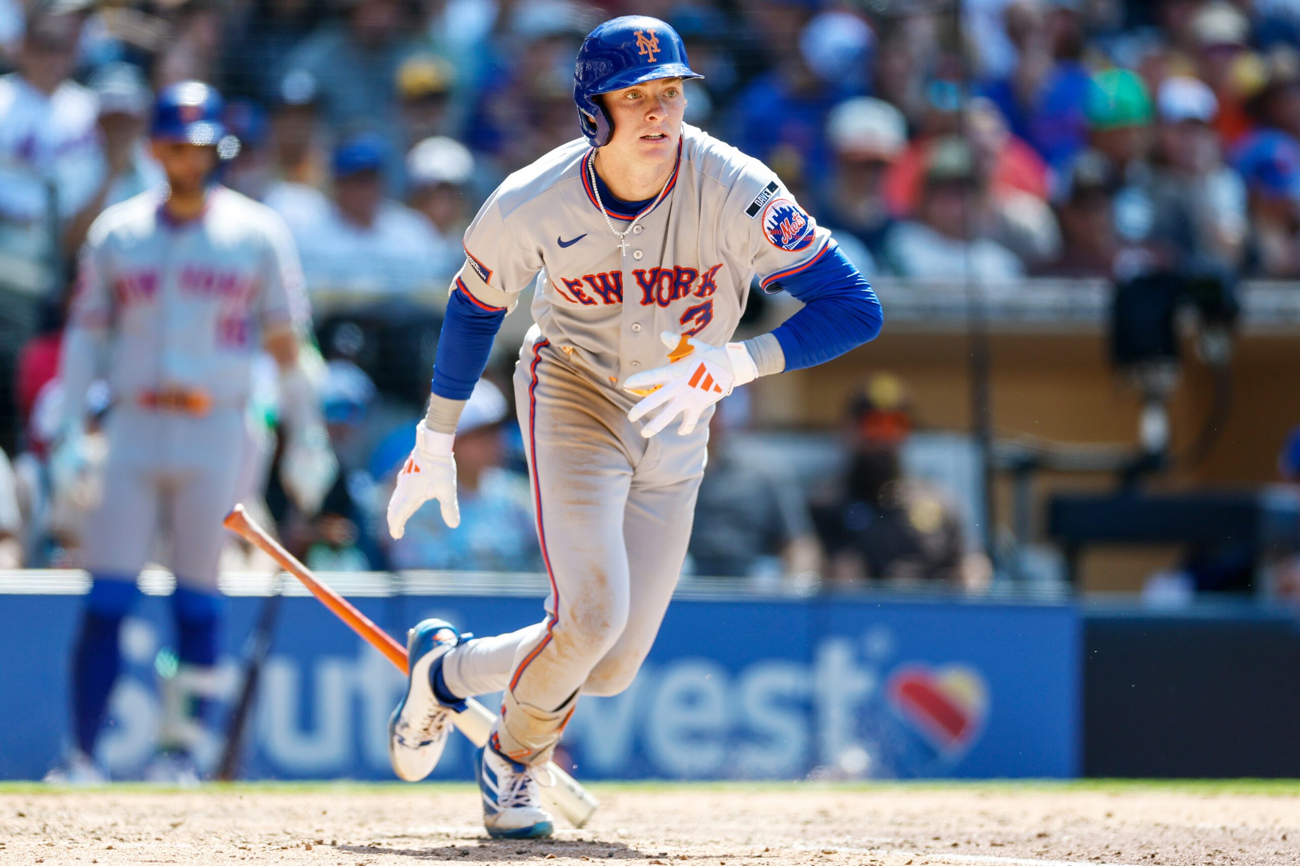 Jun 7, 2026; San Diego, California, USA; New York Mets right fielder Carson Benge (3) hits a RBi triple during the eighth inning against the San Diego Padres at Petco Park. Mandatory Credit: David Frerker-Imagn Images