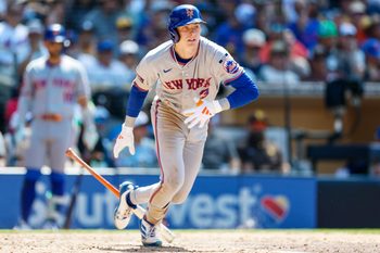 Jun 7, 2026; San Diego, California, USA; New York Mets right fielder Carson Benge (3) hits a RBi triple during the eighth inning against the San Diego Padres at Petco Park. Mandatory Credit: David Frerker-Imagn Images