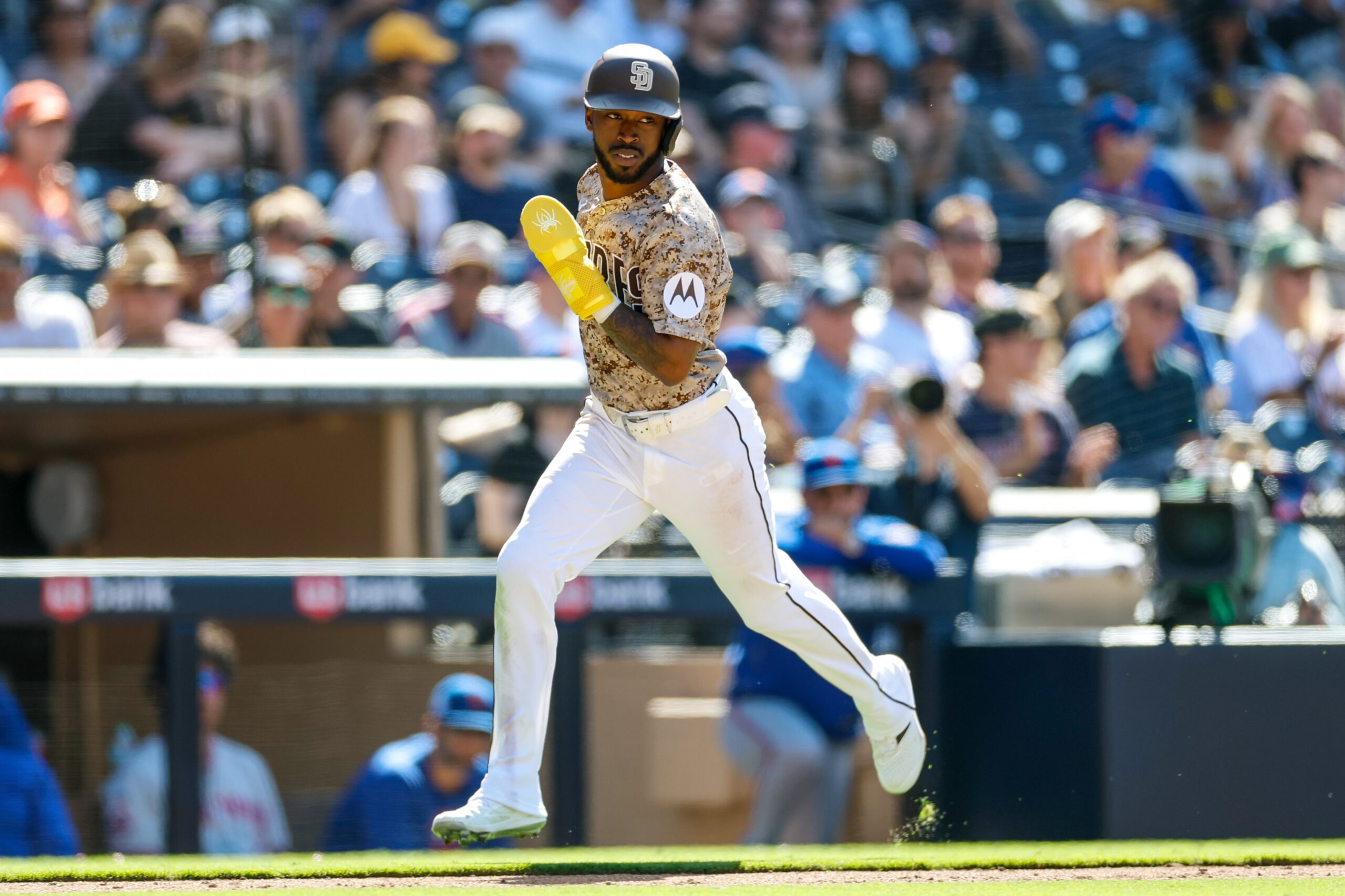 Jun 7, 2026; San Diego, California, USA; San Diego Padres left fielder Samad Taylor (0) scores a run during the ninth inning against the New York Mets at Petco Park. Mandatory Credit: David Frerker-Imagn Images