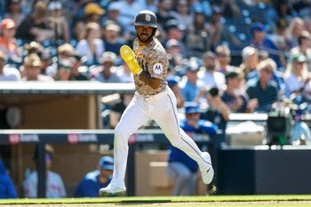 Jun 7, 2026; San Diego, California, USA; San Diego Padres left fielder Samad Taylor (0) scores a run during the ninth inning against the New York Mets at Petco Park. Mandatory Credit: David Frerker-Imagn Images