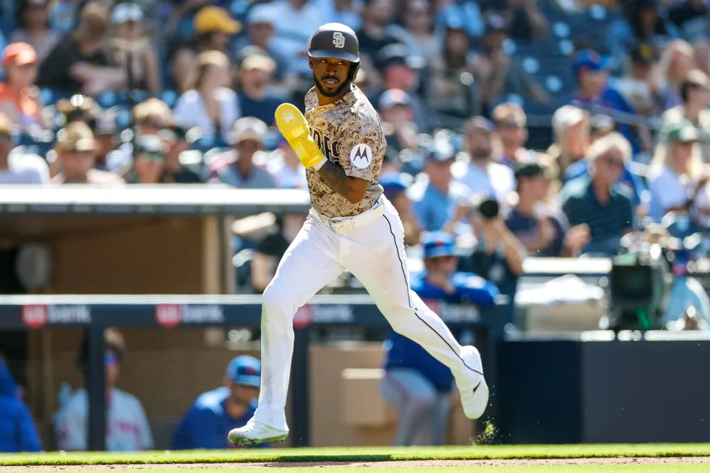 Jun 7, 2026; San Diego, California, USA; San Diego Padres left fielder Samad Taylor (0) scores a run during the ninth inning against the New York Mets at Petco Park. Mandatory Credit: David Frerker-Imagn Images