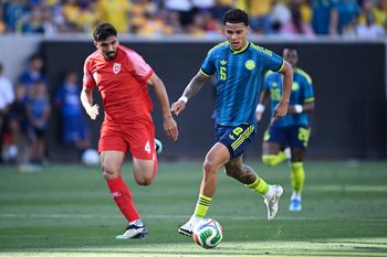 Jun 7, 2026; San Diego, California, USA; Colombia midfielder Richard Rios (6) and Jordan defender Husam Abu Dahab (4) race for the ball during the second half of a Road to 26 men's international friendly at Snapdragon Stadium. Mandatory Credit: Denis Poroy-Imagn Images