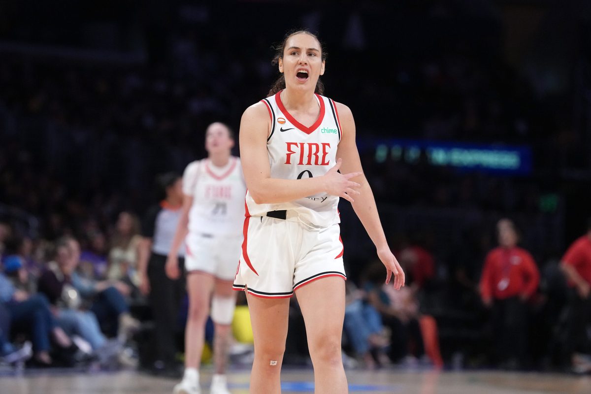 Jun 7, 2026; Los Angeles, California, USA; Portland Fire guard Carla Leite (0) reacts in the first half against the LA Sparks at Crypto.com Arena. Mandatory Credit: Kirby Lee-Imagn Images