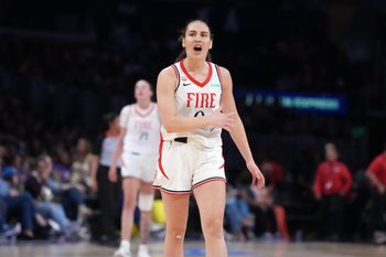 Jun 7, 2026; Los Angeles, California, USA; Portland Fire guard Carla Leite (0) reacts in the first half against the LA Sparks at Crypto.com Arena. Mandatory Credit: Kirby Lee-Imagn Images