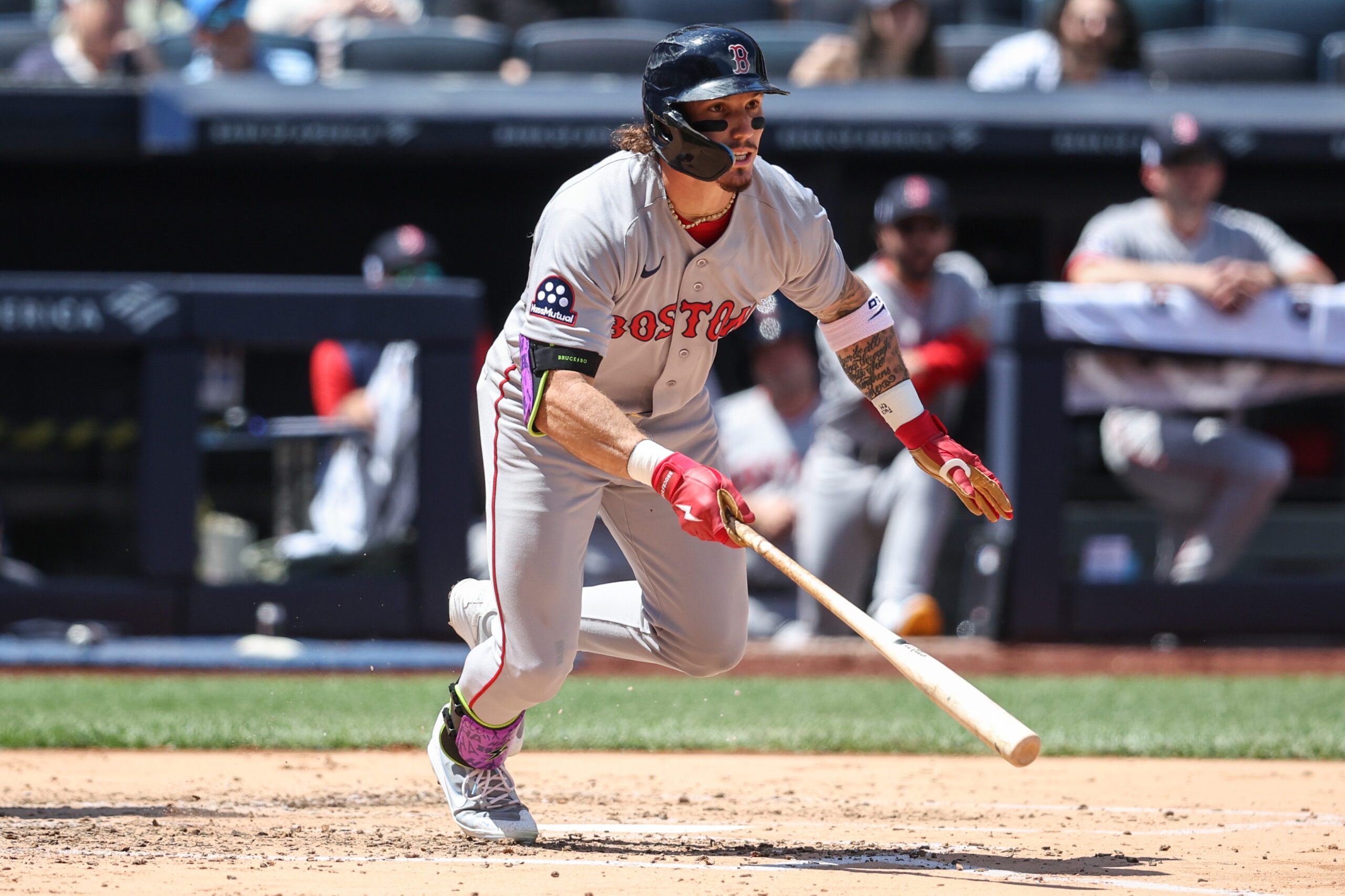 Jun 7, 2026; Bronx, New York, USA;  Boston Red Sox left fielder Jarren Duran (16) at Yankee Stadium. Mandatory Credit: Wendell Cruz-Imagn Images