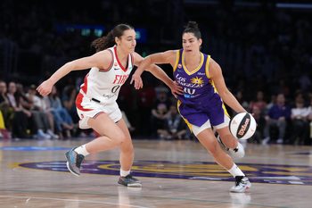Jun 7, 2026; Los Angeles, California, USA; LA Sparks guard Kelsey Plum (10) drives to the basket against Portland Fire guard Carla Leite (0) in the second half at Crypto.com Arena. Mandatory Credit: Kirby Lee-Imagn Images