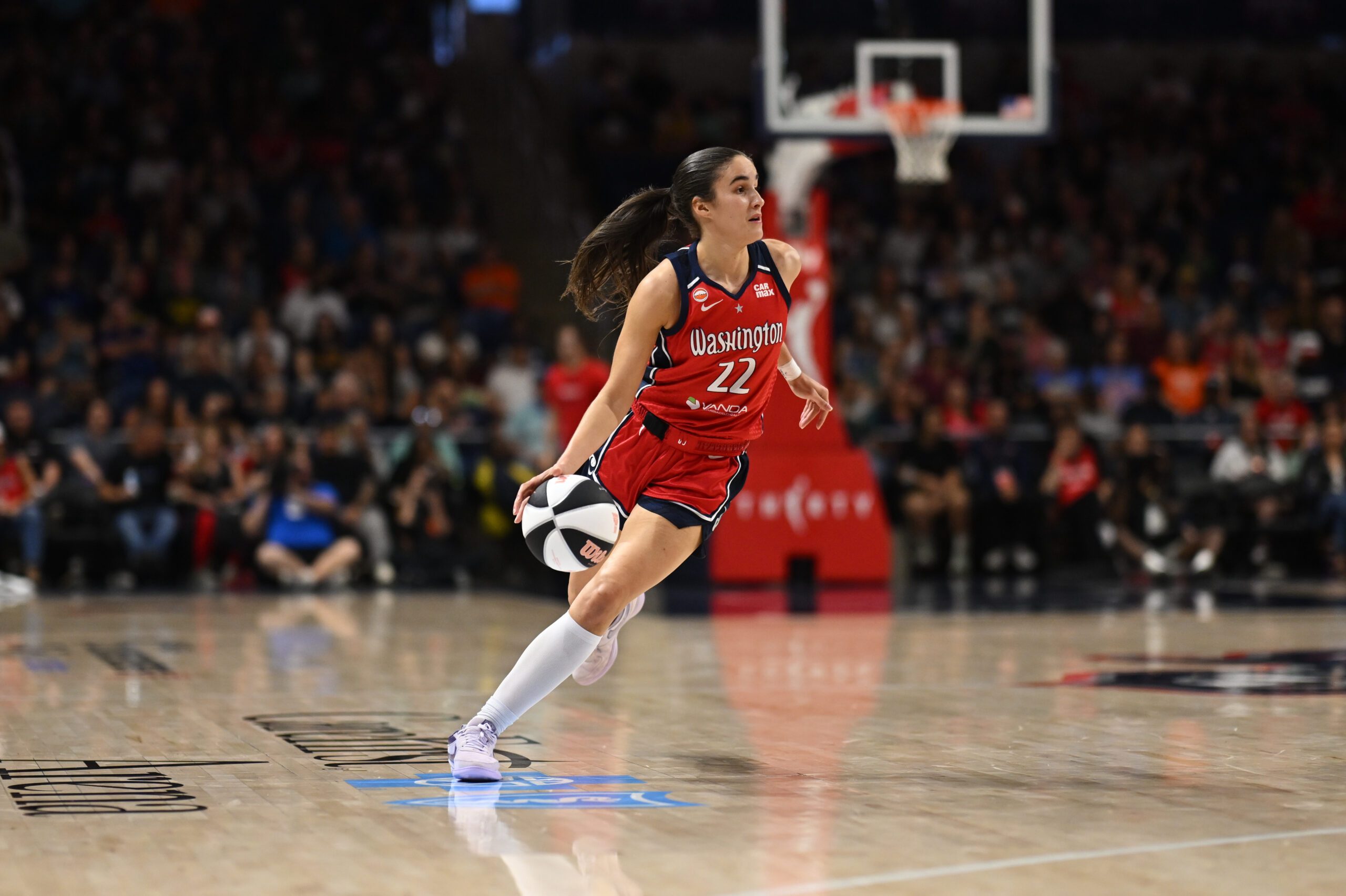 Jun 8, 2026; Washington, District of Columbia, USA; Washington Mystics guard Sonia Citron (22) dribbles the ball against the Indiana Fever during the first quarter at CareFirst Arena. Mandatory Credit: Rafael Suanes-Imagn Images