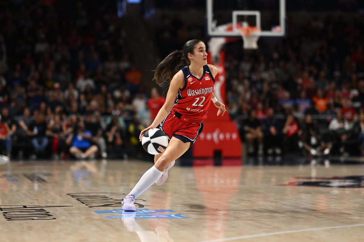 Jun 8, 2026; Washington, District of Columbia, USA; Washington Mystics guard Sonia Citron (22) dribbles the ball against the Indiana Fever during the first quarter at CareFirst Arena. Mandatory Credit: Rafael Suanes-Imagn Images
