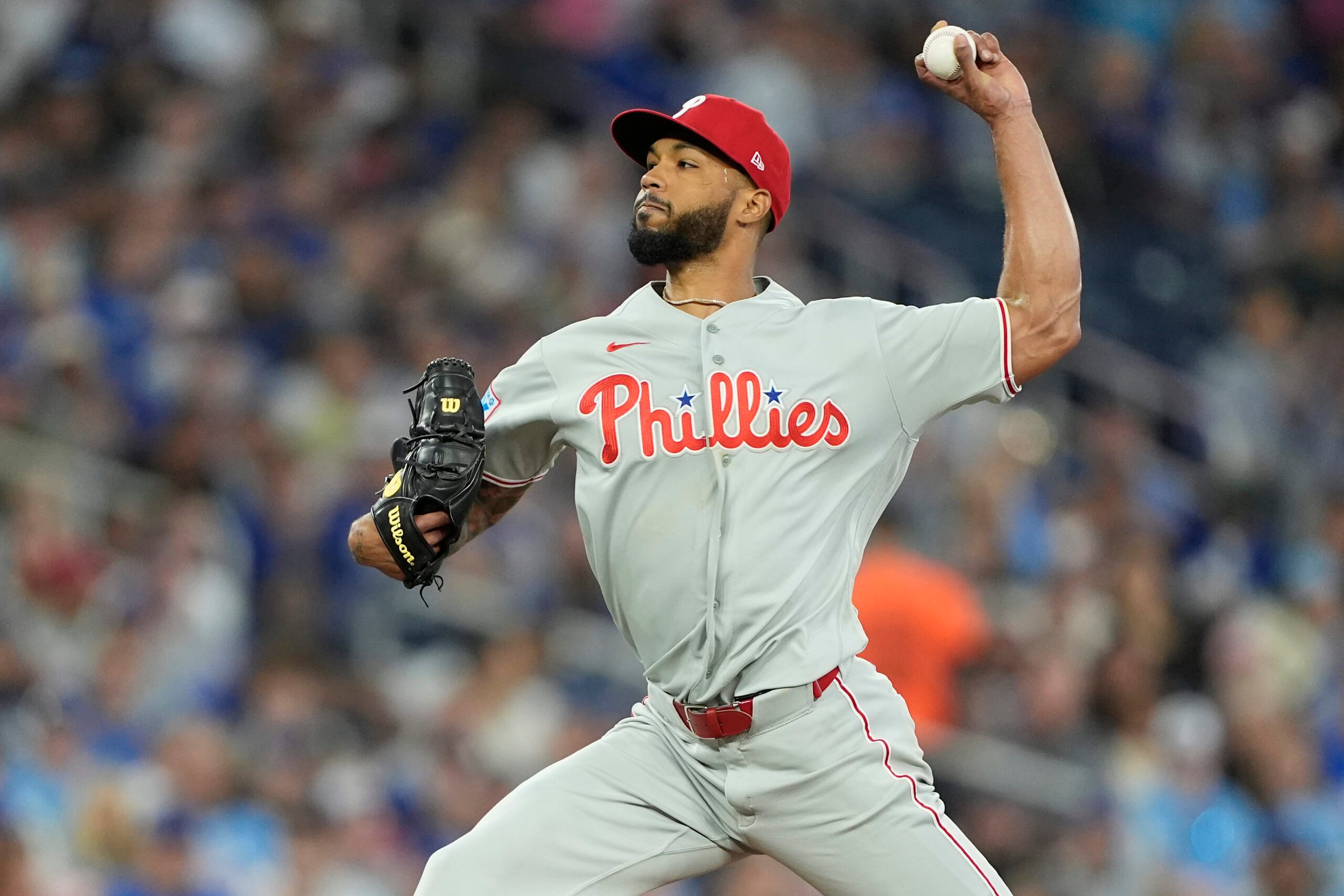 Jun 8, 2026; Toronto, Ontario, CAN; Philadelphia Phillies starting pitcher Cristopher Sanchez (61) pitches to the Toronto Blue Jays during the seventh inning at Rogers Centre. Mandatory Credit: John E. Sokolowski-Imagn Images