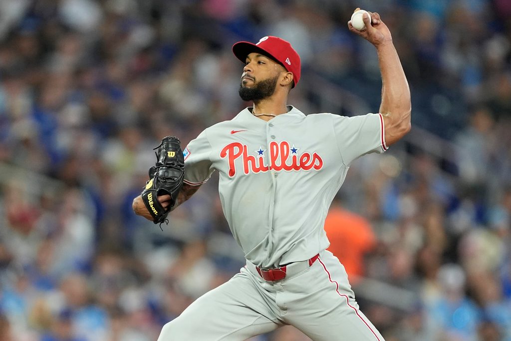 Jun 8, 2026; Toronto, Ontario, CAN; Philadelphia Phillies starting pitcher Cristopher Sanchez (61) pitches to the Toronto Blue Jays during the seventh inning at Rogers Centre. Mandatory Credit: John E. Sokolowski-Imagn Images