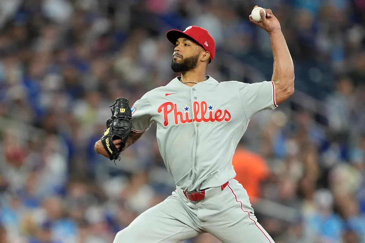Jun 8, 2026; Toronto, Ontario, CAN; Philadelphia Phillies starting pitcher Cristopher Sanchez (61) pitches to the Toronto Blue Jays during the seventh inning at Rogers Centre. Mandatory Credit: John E. Sokolowski-Imagn Images