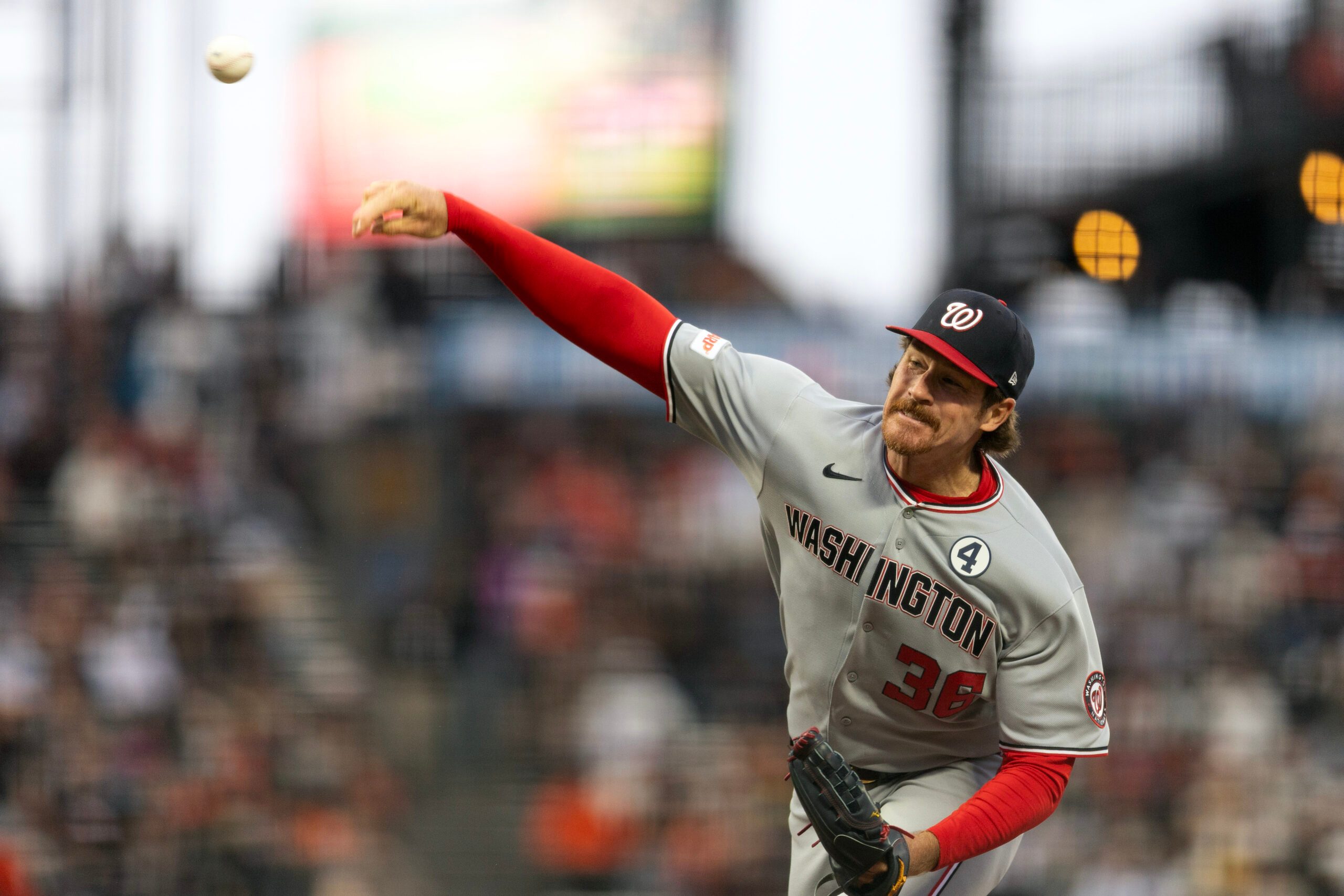 Jun 8, 2026; San Francisco, California, USA; Washington Nationals pitcher Miles Mikolas (36) delivers a pitch against the San Francisco Giants during the second inning at Oracle Park. Mandatory Credit: D. Ross Cameron-Imagn Images