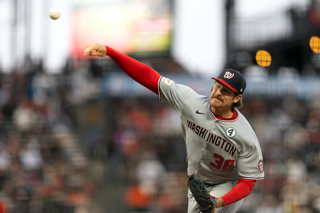 Jun 8, 2026; San Francisco, California, USA; Washington Nationals pitcher Miles Mikolas (36) delivers a pitch against the San Francisco Giants during the second inning at Oracle Park. Mandatory Credit: D. Ross Cameron-Imagn Images