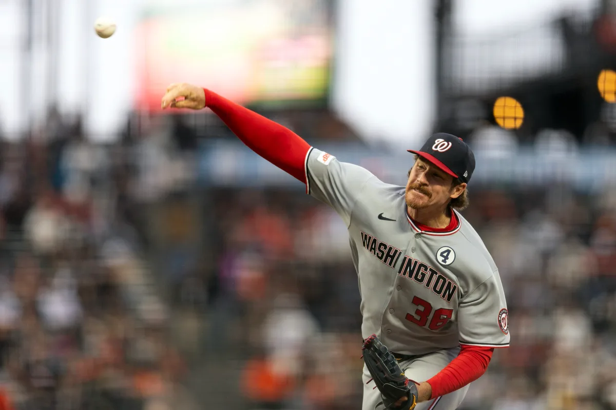 Jun 8, 2026; San Francisco, California, USA; Washington Nationals pitcher Miles Mikolas (36) delivers a pitch against the San Francisco Giants during the second inning at Oracle Park. Mandatory Credit: D. Ross Cameron-Imagn Images