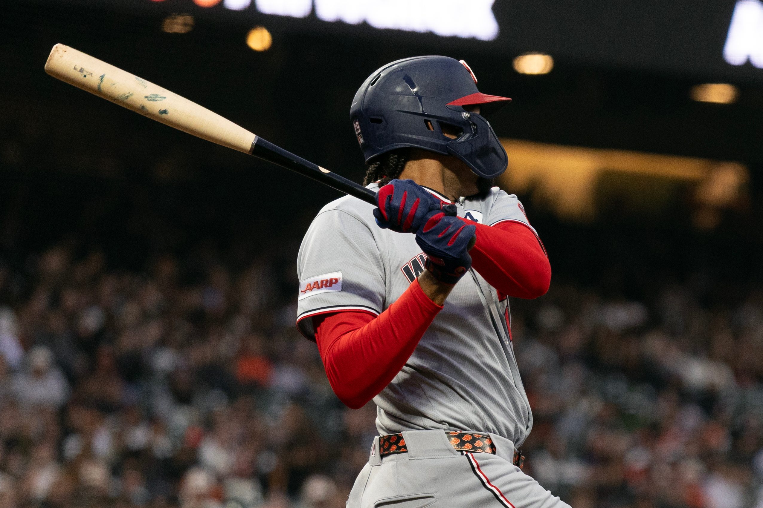 Jun 8, 2026; San Francisco, California, USA; Washington Nationals right fielder James Wood (29) follows through on his single against the San Francisco Giants during the sixth inning at Oracle Park. Mandatory Credit: D. Ross Cameron-Imagn Images
