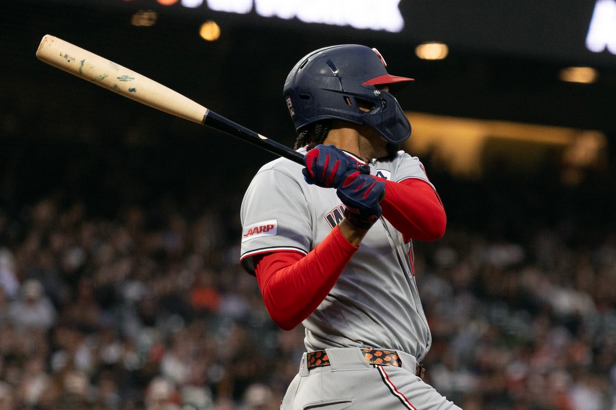 Jun 8, 2026; San Francisco, California, USA; Washington Nationals right fielder James Wood (29) follows through on his single against the San Francisco Giants during the sixth inning at Oracle Park. Mandatory Credit: D. Ross Cameron-Imagn Images